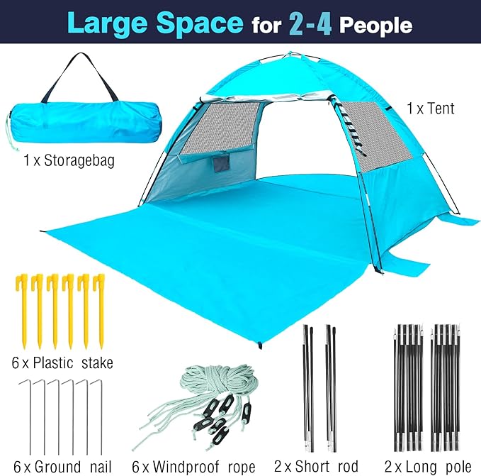 DLUCKY Beach Tent for 1/2/3/4/5/6 Person,Anti-UV Portable Sun Shade ShelterUPF 50+,Both Sides Extendable Floor,Extendable Awning,with 2 Ventilating Mesh Windows,Lightweight & Easy Setup.