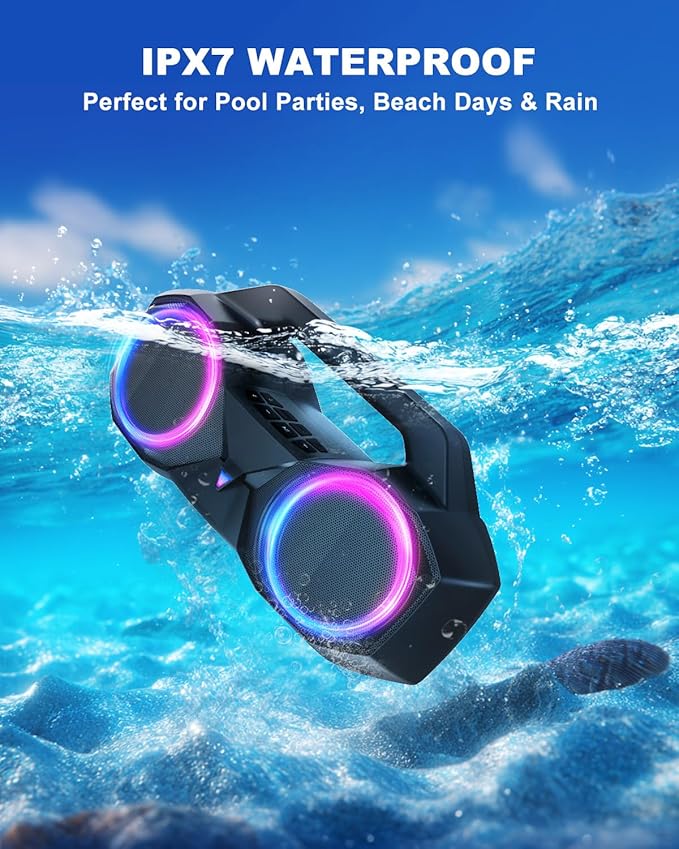 Bluetooth Speaker 80W(Peak)Loud with Bass, 20H Playtime, IPX7 Waterproof, RGB Lights, TWS, Large Portable Wireless Speakers for Outdoor, Home, Party, Pool, Beach, Tailgating, Gym, Work, Gifts (Black)