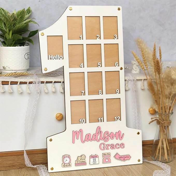 Personalized My First Year Photo Frame | 12 Months Picture Frame For Baby First Year | Displays Thirteen 2x3 Pictures And Birth Stats, Location | Birthday Party Decor Newborn Memory Keepsake