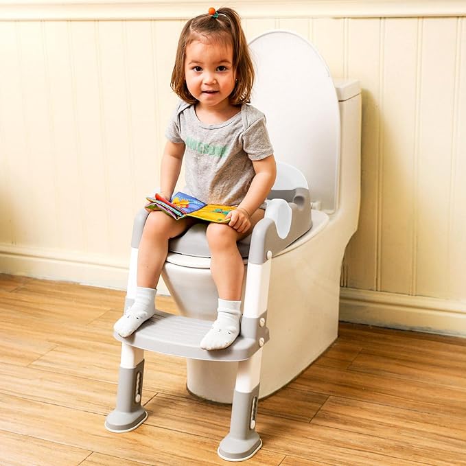 Wiifo Sturdy Potty Ladder with Soft Padded Cushion for Kids and Toddler, Step Stool Ladder for Toilet Training Seat(Grey White)