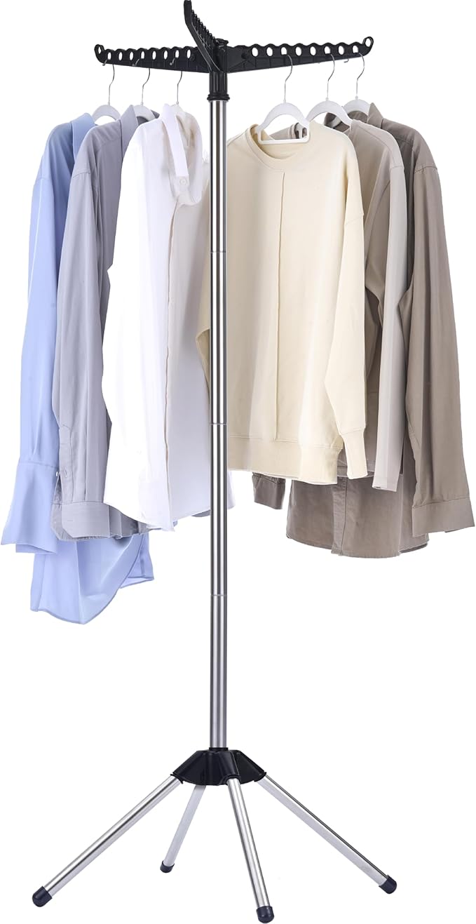 Clothes Drying Rack Foldable, 59 inch Tripod Laundry Drying Rack Indoor with Rotating Clothes Rail for 27 Pieces of Clothes, Space Saving, Stainless Steel, Black and Silver CDR001B01