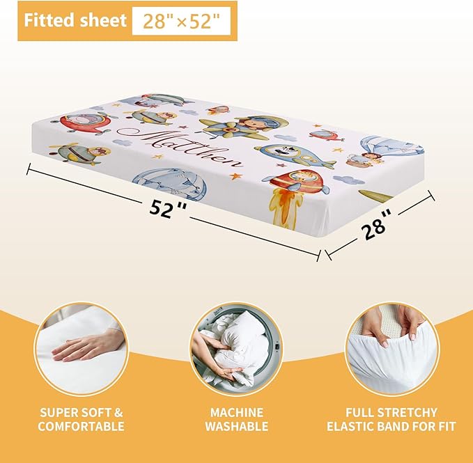 Personalized Crib Bedding Set, 5 Pcs Custom Name Nursery Bedding Set with Double Layer Flannel Blanket, Pilot Animals Baby Crib Set for Boys Girls, Customized Gifts for Toddlers Infants Babies