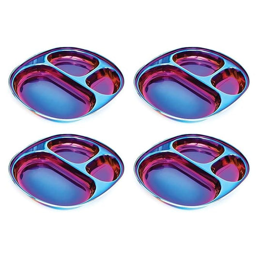 Ahimsa Stainless Steel Plates for Kids - Divided Plates for Toddlers, Pediatrician Designed, Non Toxic Toddler Plate, BPA Free & Dishwasher Safe (Blue Set of 4)