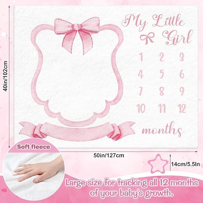 Trendy Pink Bow Coquette Baby Milestone Blanket Coquette Flannel Blanket Newborn Infant Swaddle Growth Baby Frame for Boys Girls Nursery (Bow, Pink)