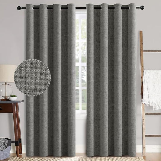 MIULEE Linen Texture Curtains, 2 Pack Dark Grey 52x108 Inch, Blackout, Room Darkening, Grommet, Classic Style, Faux Linen, All Season, Bedroom, Living Room, Nursery