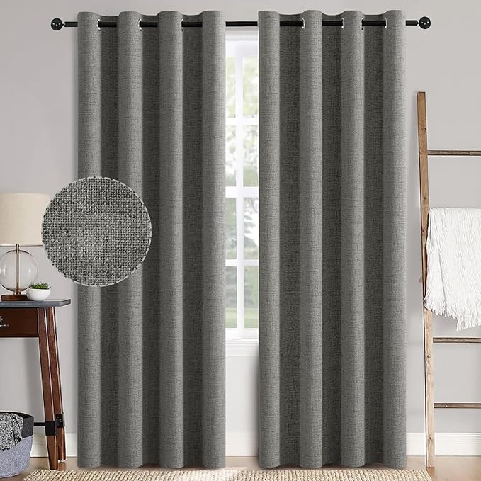 MIULEE Linen Texture 90 Inches Curtains for Bedroom 100% Blackout Thermal Insulated Dark Grey Curtains Grommet Room Darkening Luxury Decor for Living Room Nursery 52x90 Inch (2 Panels)