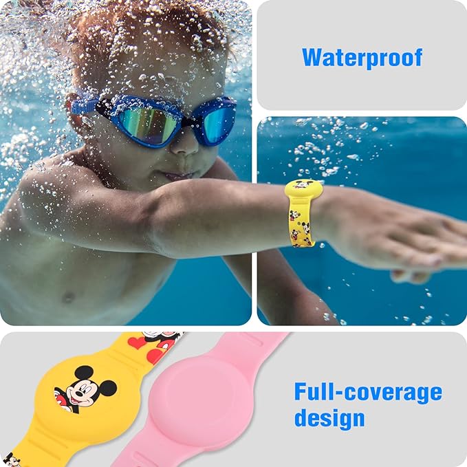 Waterproof AirTag Bracelet for Kids [2 Pack], Cute Cartoon Airtag Holder for Kids with Full Coverage Hidden Design, Silicone Airtag Wristband for Child, Healthy Material Pink + Yellow