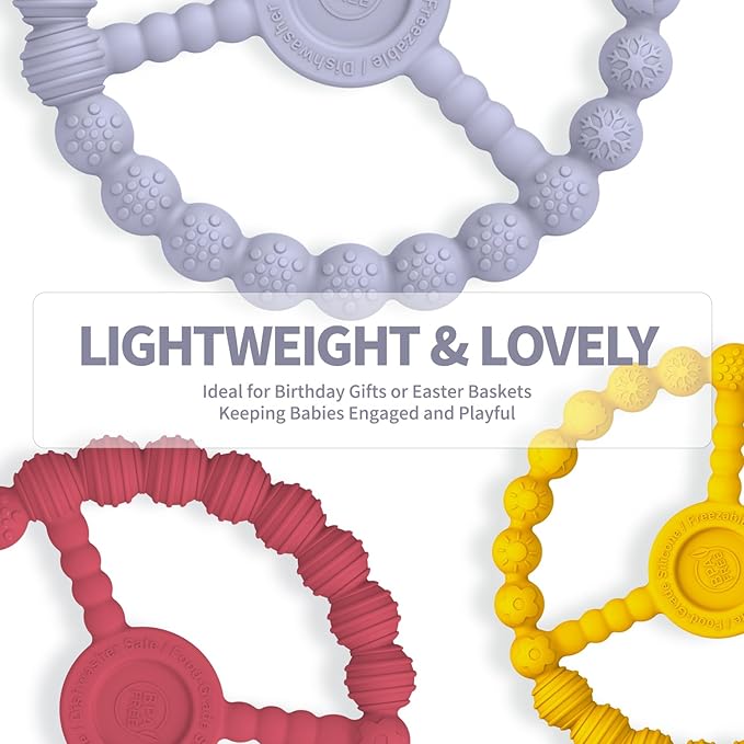 3 Pack Baby Teething Toys 3-6 Months, Silicone Ring Teethers for Babies 6-12 Months, Freezer Safe Chew Toy with Textured Grip for Boys Girls Teething Relief, Infant Easter Gift (Lavender Yellow Red)