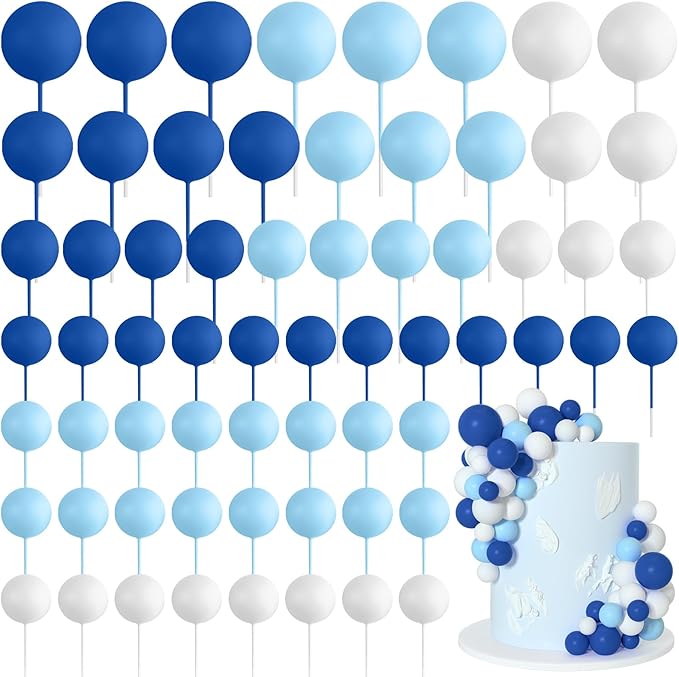 75 Pieces Cake Balls Topper Decorations Foam Cupcake Topper Mini Balloon Cake Topper Balls Cake Picks for Cake Deco Birthday Party Wedding（Royal Blue, Light Blue, White）