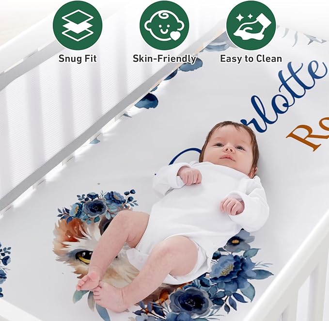 Personalized Baby Crib Bedding Set - Custom Name Owl Pattern 3 Pcs Set - Soft Blanket with Double Layer Dotted Backing, Fitted Sheet, Room Rug for Newborns Boys Girls Shower Gift
