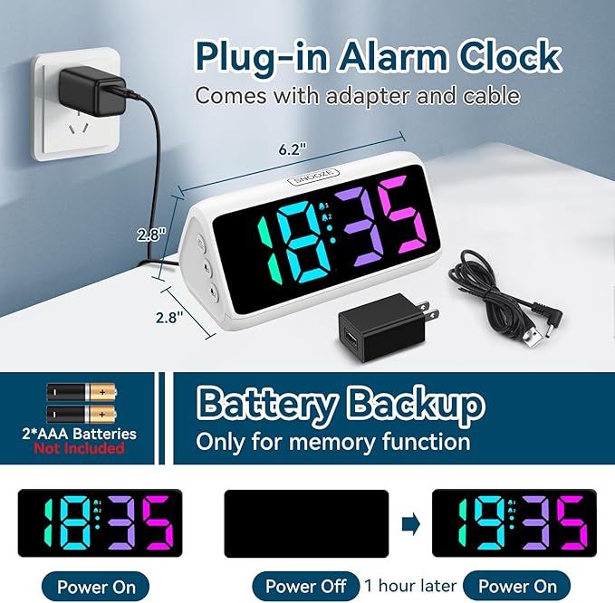 Netzu Loud Alarm Clock for Heavy Sleepers, RGB Alarm Clocks for Bedrooms Seniors Kids, Plug in Digital Clock with 5 Dimmers, 2 Alarms, 4 Volumes and Snooze (White)