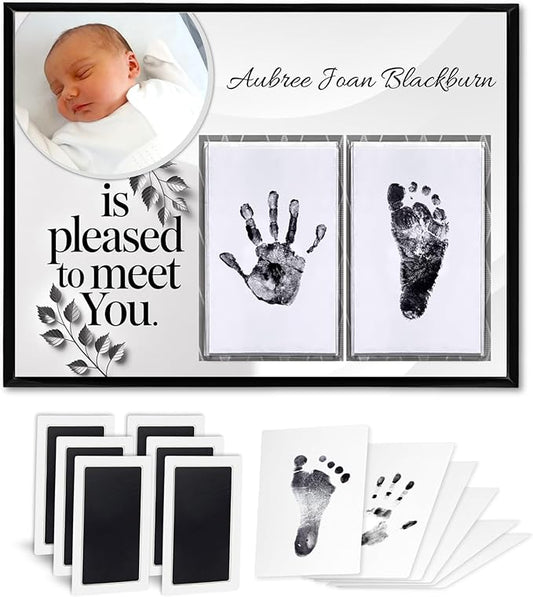 Baby Hand and Footprint Kit with Photo & Birth Details, Inkless Hand and Footprint Kit, Newborn Keepsake Plaque, Baby Shower Gifts (STYLE 1 (Fully Personalized) (Is Pleased To Meet You))