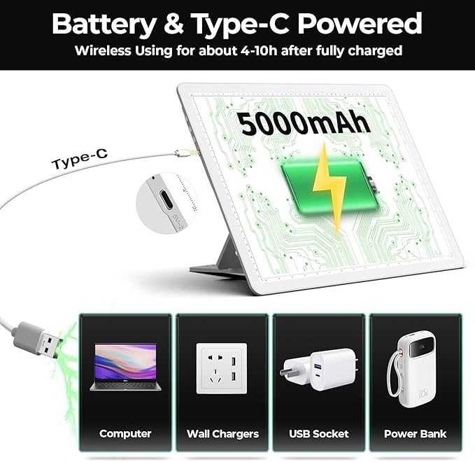 Zocelight Rechargeable A3 Light Board with Built-in Stand & Bag,Super Bright Magnetic Light Box for Tracing,Wireless Light Pad for Diamond Painting,Side Buttons,LED Light Table for Drawing(White)