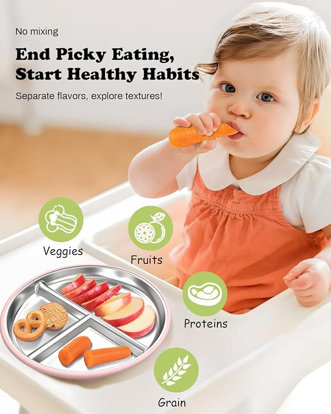 Stainless Steel Baby Plate with Suction, 8” Divided Toddler Plates with Removable Silicone Sleeves for Kids, Non-Toxic Non-Slip Unbreakable Dishwasher Safe Dinnerware Set of 2, Pink & Lilac