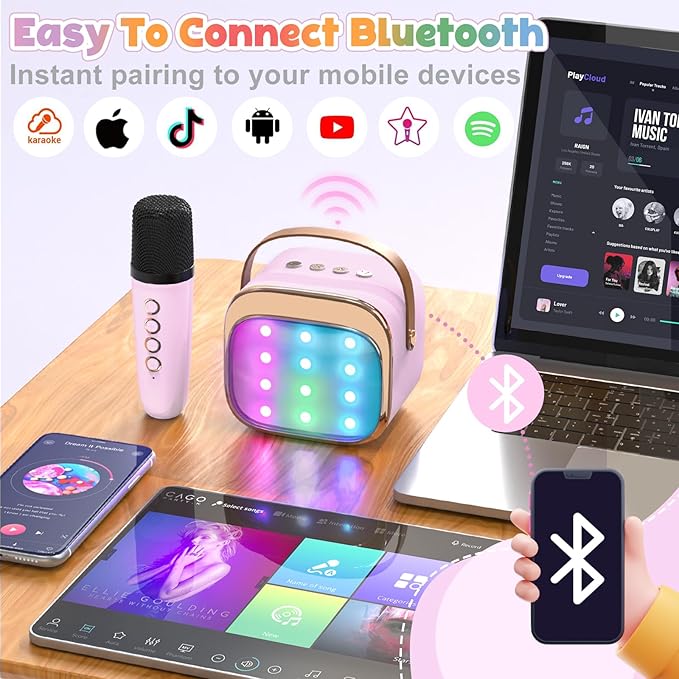 FLUESTON Mini Karaoke Machine for Kids Adults, Portable Bluetooth Speaker with 2 Wireless Microphones, Birthday Kids Gifts Toys for Girls Ages 3, 4, 5, 6, 7, 8, 9,10,11,12+ Years Old