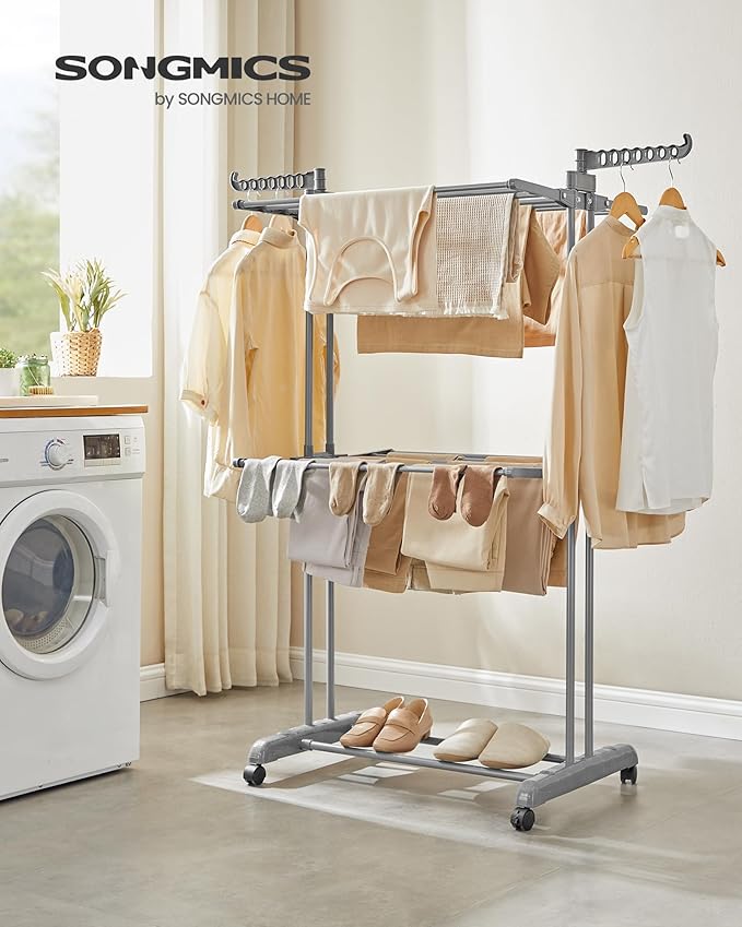 SONGMICS Clothes Drying Rack 3-Tier, Foldable Laundry Drying Rack 58.3-Inch Tall, Stainless Steel, Rolling Clothes Horses, Clothes Airer, Indoor Outdoor Use, Dove Gray ULLR702G01