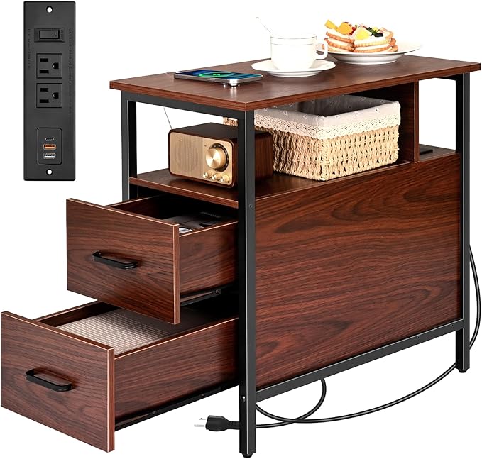 Narrow Side Tables with Charging Station, Narrow End Table with Wooden Drawers, USB Ports and Power Outlets, Nightstand and Bedside Table for Bedroom, End Tables Living Room, Espresso
