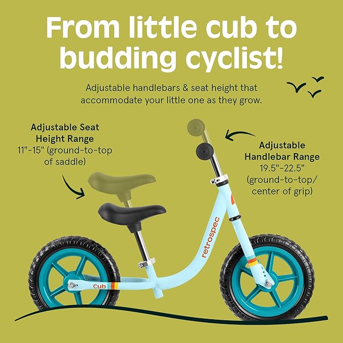 Retrospec Cub Toddler 12" Balance Bike, 18 Months - 3 Years Old, No Pedal Beginner Kids Bicycle for Girls & Boys, Flat-Free Tires, Adjustable Seat, & Durable Frame