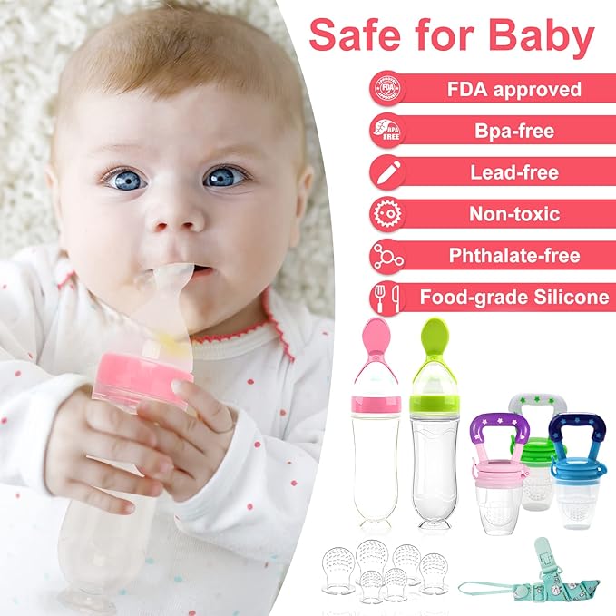 Food Feeder Baby Fruit Feeder Pacifier (3 Pcs) with 6 Different Sized Silicone Pacifiers,Silicone Baby Food Dispensing Spoon 90ML with 2 Babies Spoons Pacifier Clip Infant Fruit Teething Feeders-Pink