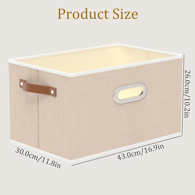 Yawinhe Fabric Storage Bins with Handles, Foldable Baskets for Shelves, Cubes with 3 Handles, Large Boxes for Clothes, Beige, 16.9''Lx11.8''Wx10.2''H, 4-Pack