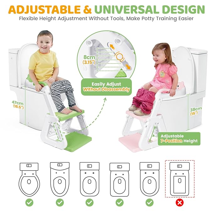 Orzbow 2-IN-1 Potty Training Seat with Step Stool, Height Adjustable Toilet Seat for Toddler, Potty Training with Splash Guard for Kids Boys Girls, Stability Ladder and Anti-Slip Pad, Green