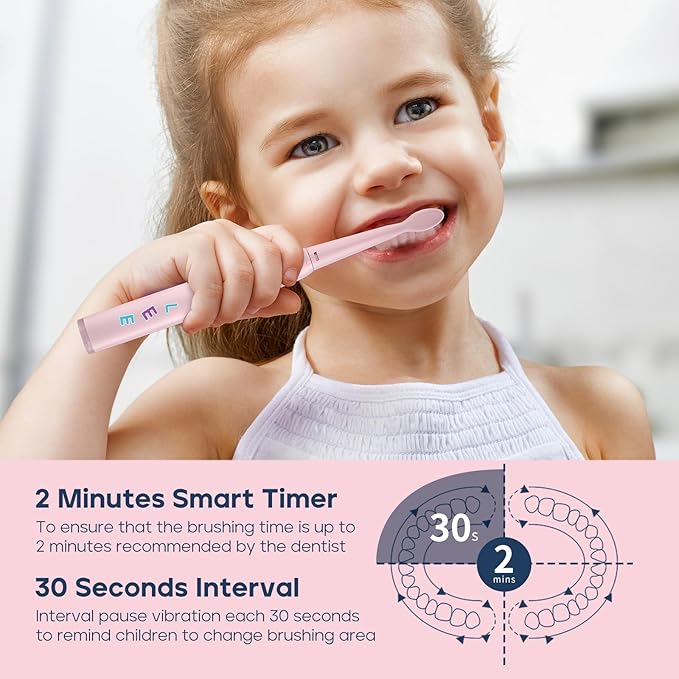 SEAGO Kids Electric Toothbrush, Rechargeable Sonic Soft Bristle Toothbrushes with 8 Brush Heads, DIY Stickers and 5 Modes, Ideal for Kids and Children, Ages 3–12,SG2303(Pink)