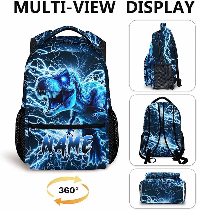 Dinosaur Backpack for Boys, Kids Custom Lightning Bookbag Gift with Name for Kindergarten Primary Senior Middle, 17 Inch Lightweight Cool Personalized Backpacks for School