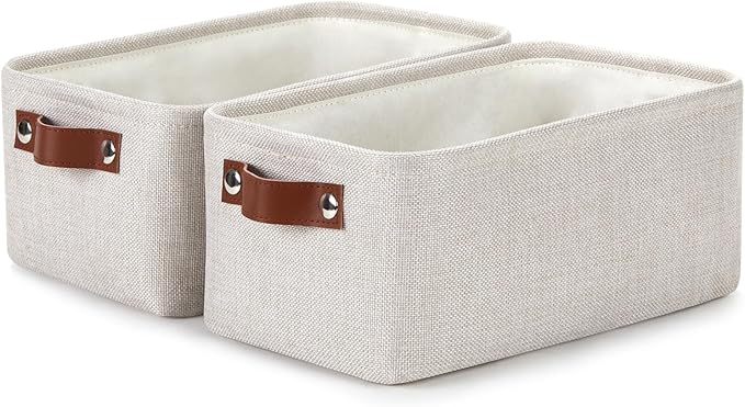 DULLEMELO fabric storage baskets | 11.8x7.9x5.1 inch small baskets for organizing Closet Set of 2 cloth storage baskets | rectangle storage basket with PU Handles (Beige)