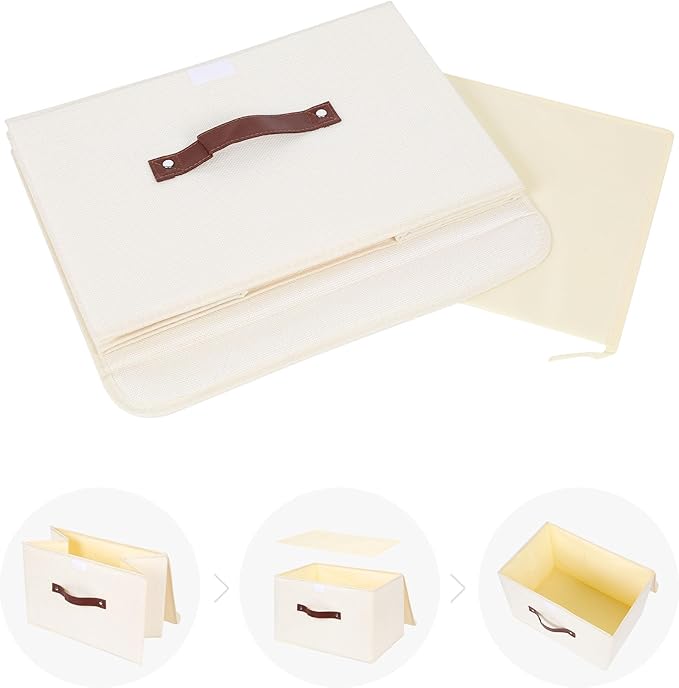 ANMINY 4PCS Storage Bins with Lid PU Leather Handles Storage Boxes PP Plastic Board Decorative Foldable Lidded Cotton Linen Fabric Home Cubes Baskets Closet Organizer Containers - Beige, Large Size