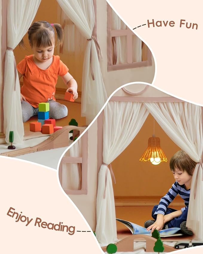 Large Kids Tent Playhouse Base Fabric with Star Lights, Flags and Tote Bags, Kids Play Tent Indoor & Outdoor, Washable Teepee Tent for Boys & Girls, Play House for Toddler, Neutral Color