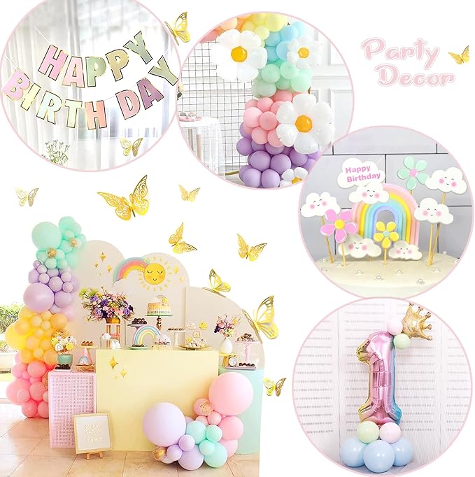 Pastel Balloon Garland Kit - 219pcs, Different Sizes 18, 10, 5 Inch Pastel Rainbow & Daisy Balloons for First Birthday Girl Baby Shower Party Arch