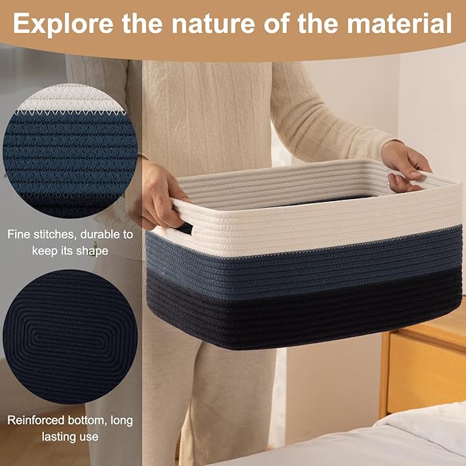 Large Storage Basket for Organizing, Woven Rope Basket for Shelves, Closet Organizer Bins for Clothes, Blanket, Toys, Baby Nursery Storage, 17.7" x 13" x 7.87", 2 Packs Gradient Blue