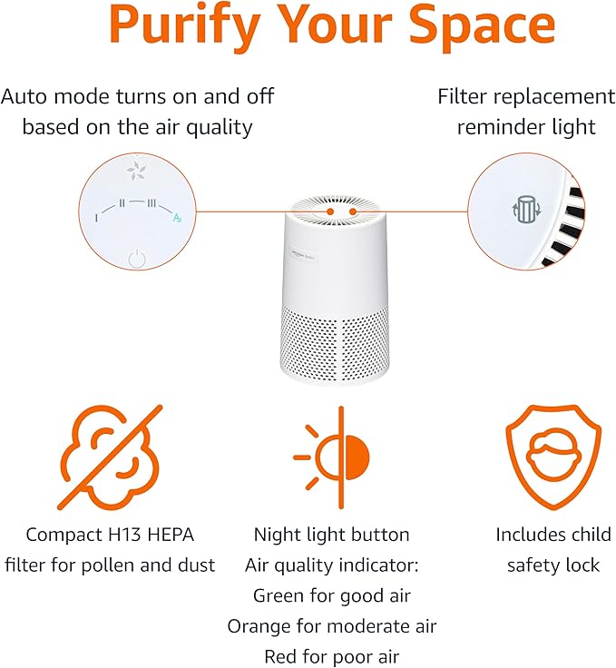 Amazon Basics Air Purifier for Home and Office, With 3-Stage Filtration, HEPA Filter With Activated Carbon, 3 Speeds, Timer, Sleep Mode (32db), Energy Star Certificate, Covers Up to 1067 Sq ft, White