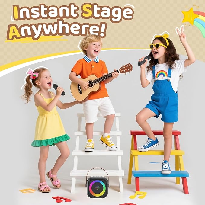 Mini Karaoke Machine, Portable Bluetooth Karaoke Speaker with 2 Wireless Microphones, Singing Machine with Party Lights for Kids and Adults, Birthday Gifts for Girls Boys Family Home Party