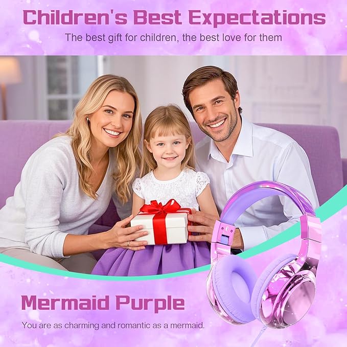 QearFun Kids Headphones Wired with Mic, 85/94dB Safe Volume Limit, Foldable Over Ear, Tangle-Free Cord & Sharing Port, Wired On-Ear Headset for School, Chromebook, Tablet, Travel - Boys & Girls