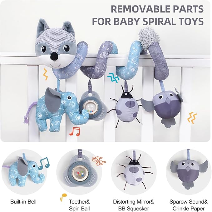 Koty Car Seat Toys, Infant Baby Spiral Plush Activity Hanging Toy for Stroller Bar Pram Crib with Music Box BB Squeaker & Rattles(Gray Fox)