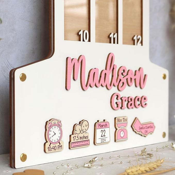 Personalized My First Year Photo Frame | 12 Months Picture Frame For Baby First Year | Displays Thirteen 2x3 Pictures And Birth Stats, Location | Birthday Party Decor Newborn Memory Keepsake