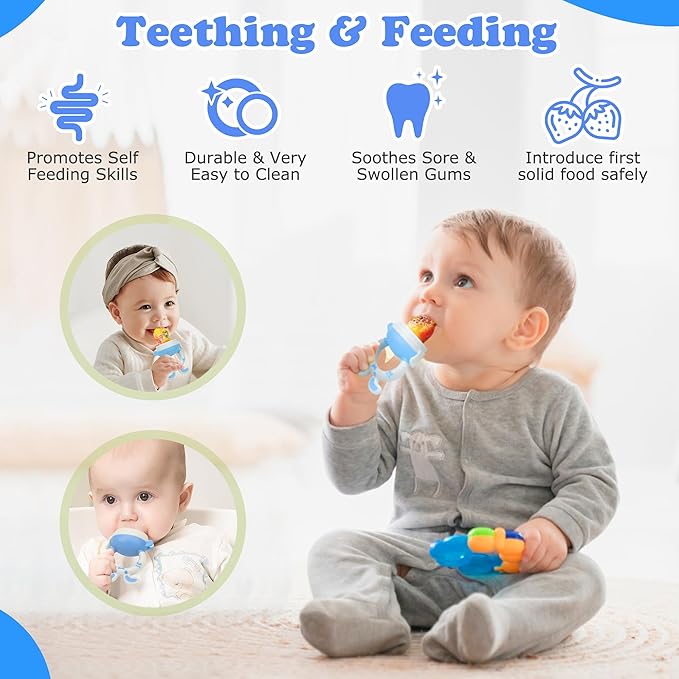 WAJIAYON Baby Fruit Feeder Pacifier | 2 Infant Food Feeder Pacifier & 2 Baby Food Dispensing Spoon | Fresh Fruit Teethers for Babies | Silicone Feeder Babies,Infant Teething Feeders (Blue-Rabbit)