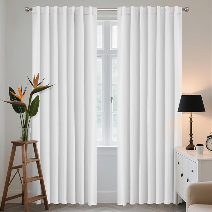 Joydeco 96 Inch 60% Blackout White Curtains 2 Panels, Elegant Semi Sheer Curtains for Bedroom, Thermal Insulated Black Out Drapes for Living Room, Rod Pocket Back Tab Drapes(W52 x L96 Inch,Pure White)