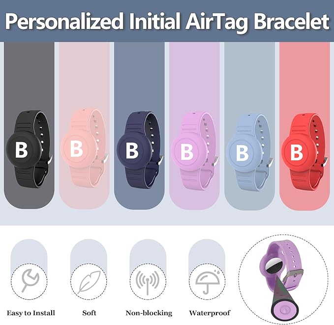 Waterproof Bracelet for AirTag Kids, Personalized Initial Letter Hidden Holder Compatible with Air Tag, Silicone Case for Airtag Adjustable Anti-Lost GPS Tracker for Toddler Child Elder, B