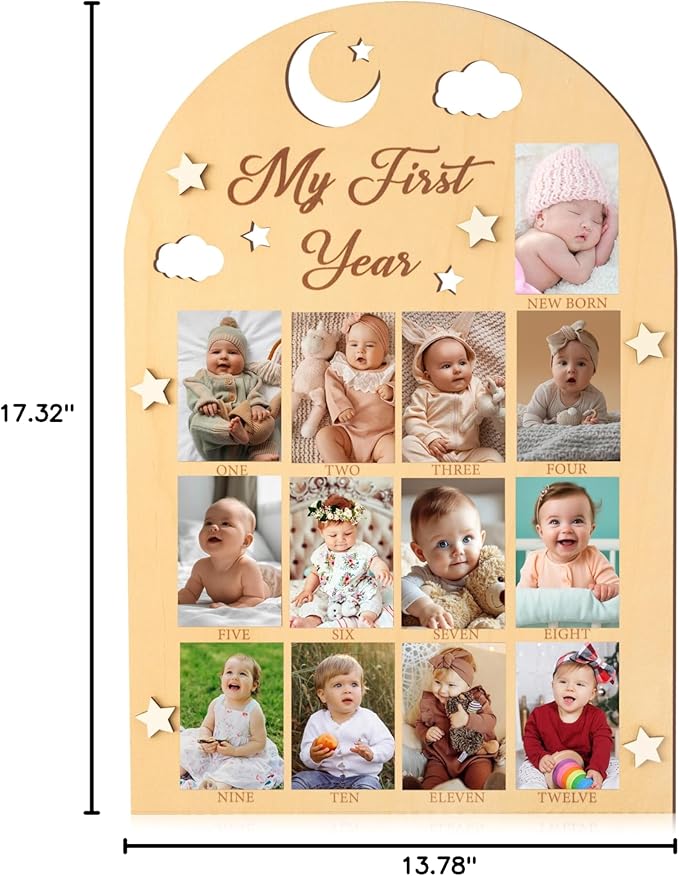 R HORSE My First Year Photo Frame Board - 3D Star Baby First Year Picture Frame 12 Months Milestone Photo Display Wood Board Baby Keepsake 1st Birthday Nursery Decor Gift for Boy Girl