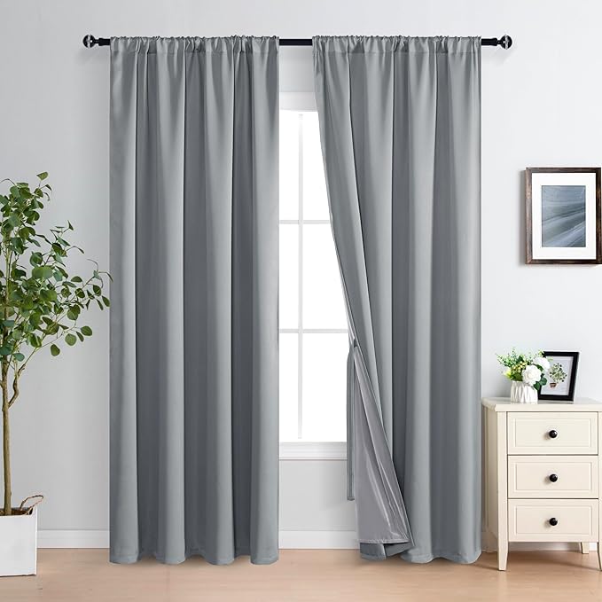 XWZO 100% Blackout Curtains 84 Inches Long with Tiebacks- Privacy Protection & Noise Blocking Window Draperies Rod Pocket with Black Liner for Bedroom/Living Room, Grey, W52 x L84, Set of 2