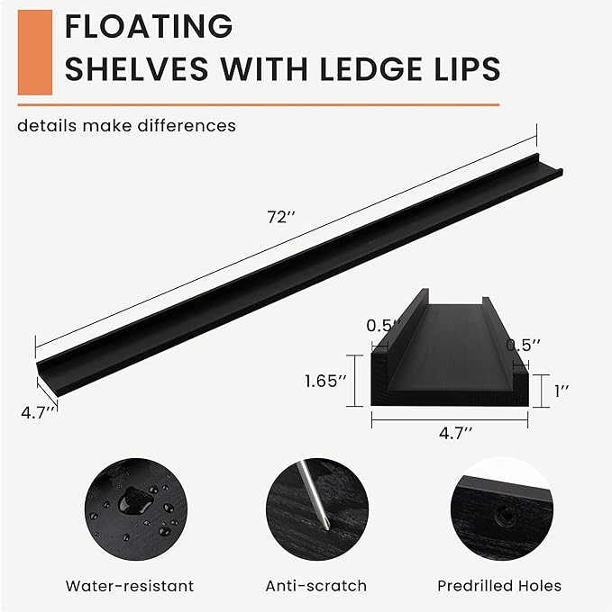 Picture Ledge Shelf, 72 inch Solid Ash Wood Floating Shelves Set of 2, Picture Ledge Ledge Wall Mounted for Living Room Kids' Room Bedroom, Color Black