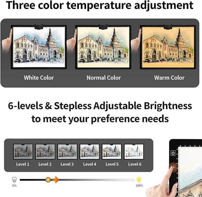 Rechargeable A3 Light Pad for Diamond Painting,Tracing Light Box with Stand and Clip,3 Colors Stepless Dimmable and 6 Levels of Brightness Light Board for Artists,Drawing,Sketching,Animation