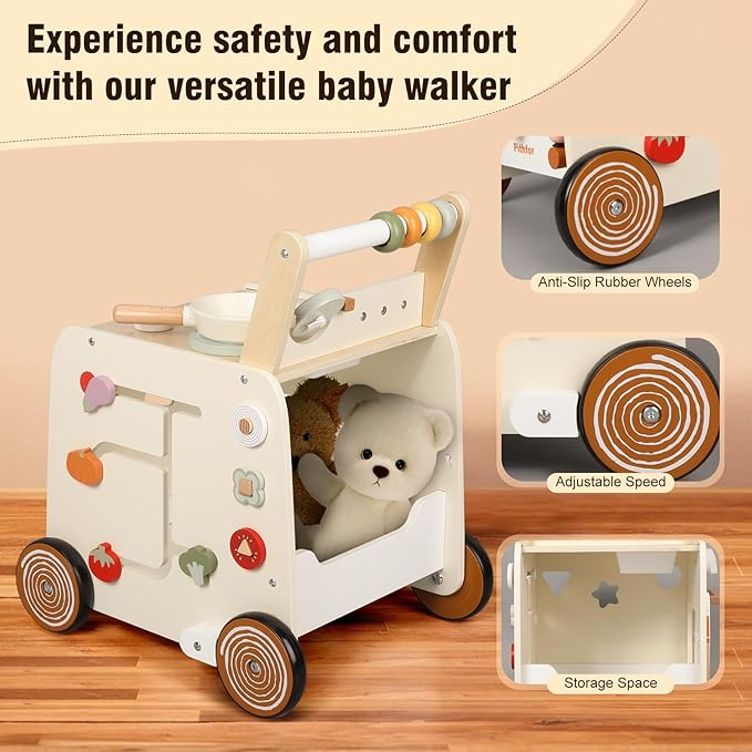 Wooden Baby Walker, 3-in-1 Baby Push Walker, with Pretend Kitchen, Montessori Sensory Activity Center, Push Walker Toys for Babies Learning to Walk, Sit-to-Stand