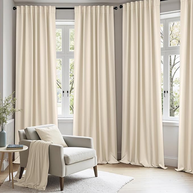 ANRODUO Back Tab Blackout Curtains for Bedroom Living Room, Rod Pocket Pinch Pleated Thermal Insulated Room Darkening Curtains 96 Inches Long 2 Panels, Cream Beige, 52 x 96 Inch