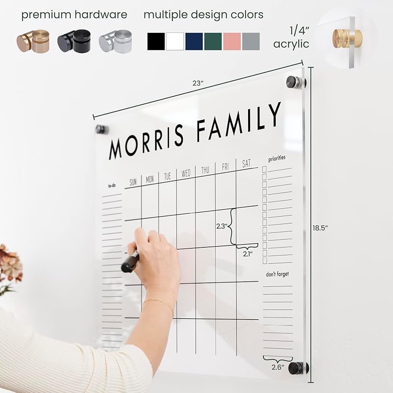 Personalized Clear Acrylic Calendar for Wall, Calendar Whiteboard for Wall, Dry Erase Wall Calendar, Wall Calendar Organizer System for Home (Block, Navy, 23"W x18.5"H)