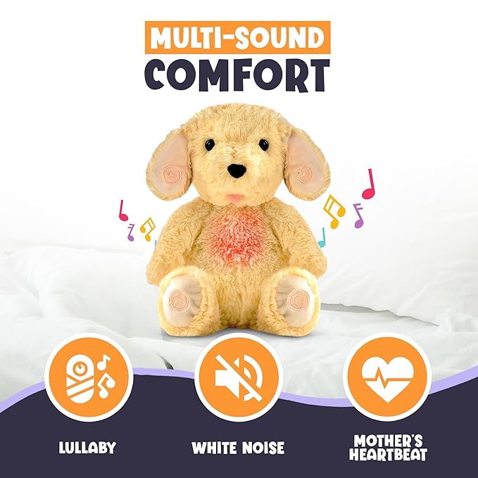 Gemma Joy Bedtime Baby Soothers for Sleep, Cry Activated Heartbeat Stuffed Animal for Baby, Newborn, Calming Light, Lullaby Music, White Noise, Shush and Mother’s Heartbeat - (Puppy, Rechargeable)