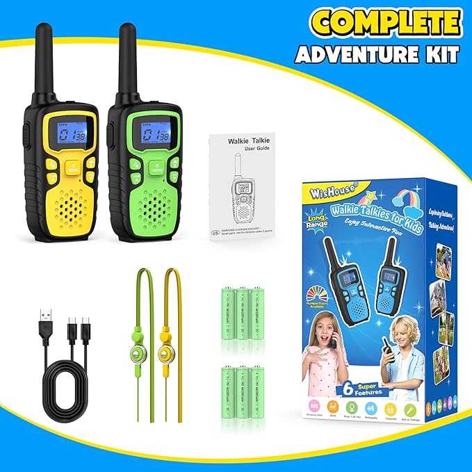Wishouse Walkie Talkies for Kids Rechargeable Long Range,Xmas Birthday Gift for 4 5 6 7 8 9 Year Old Boy Girl,Hiking Gear Camping Games Cool Toys with NOAA,SOS Siren,Lamp,Lanyards,2 Pack Yellow Green