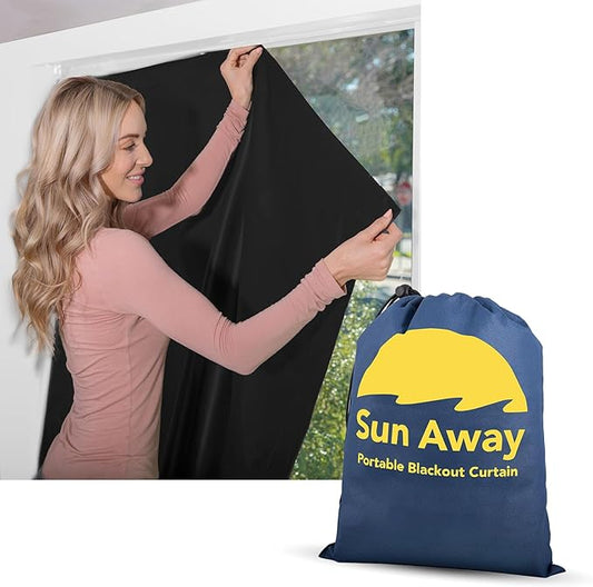 SUN AWAY Portable Blackout Curtain with Suction Cups - Premium Easy Install Shade No Tools Required - Temporary Blinds, Perfect for Baby Nursery or Dorm Room - with Travel Bag (66” Long x 51” Wide)